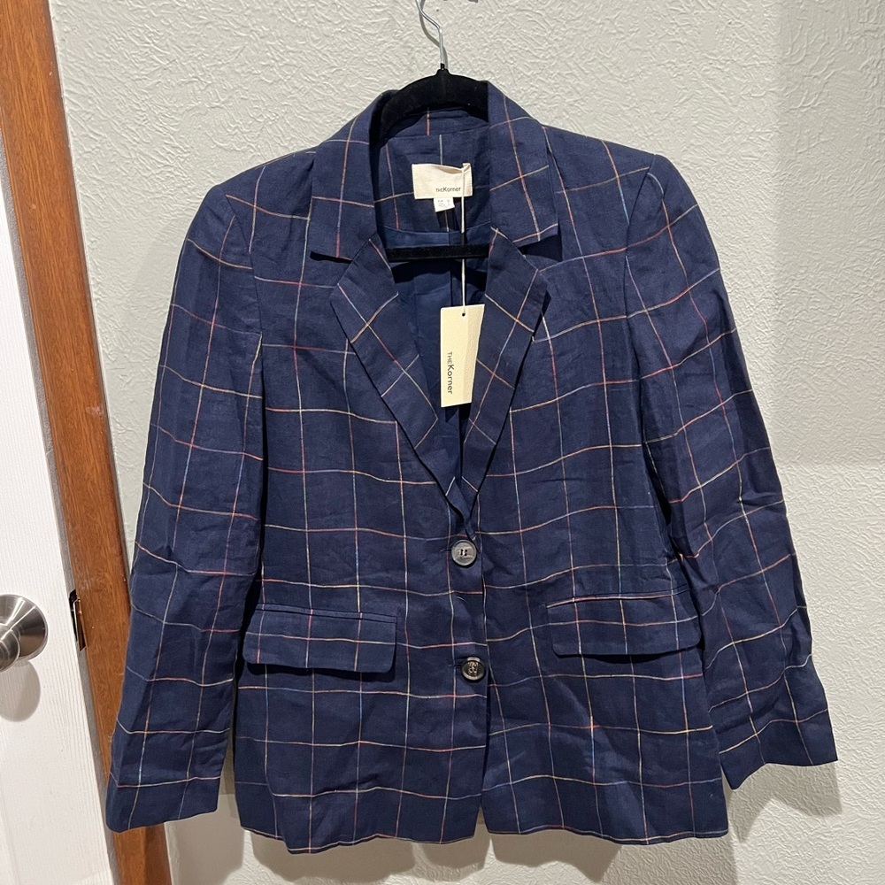 Navy Windowpane Blazer with Colorful Accent - The Korner 100% Linen NWT
